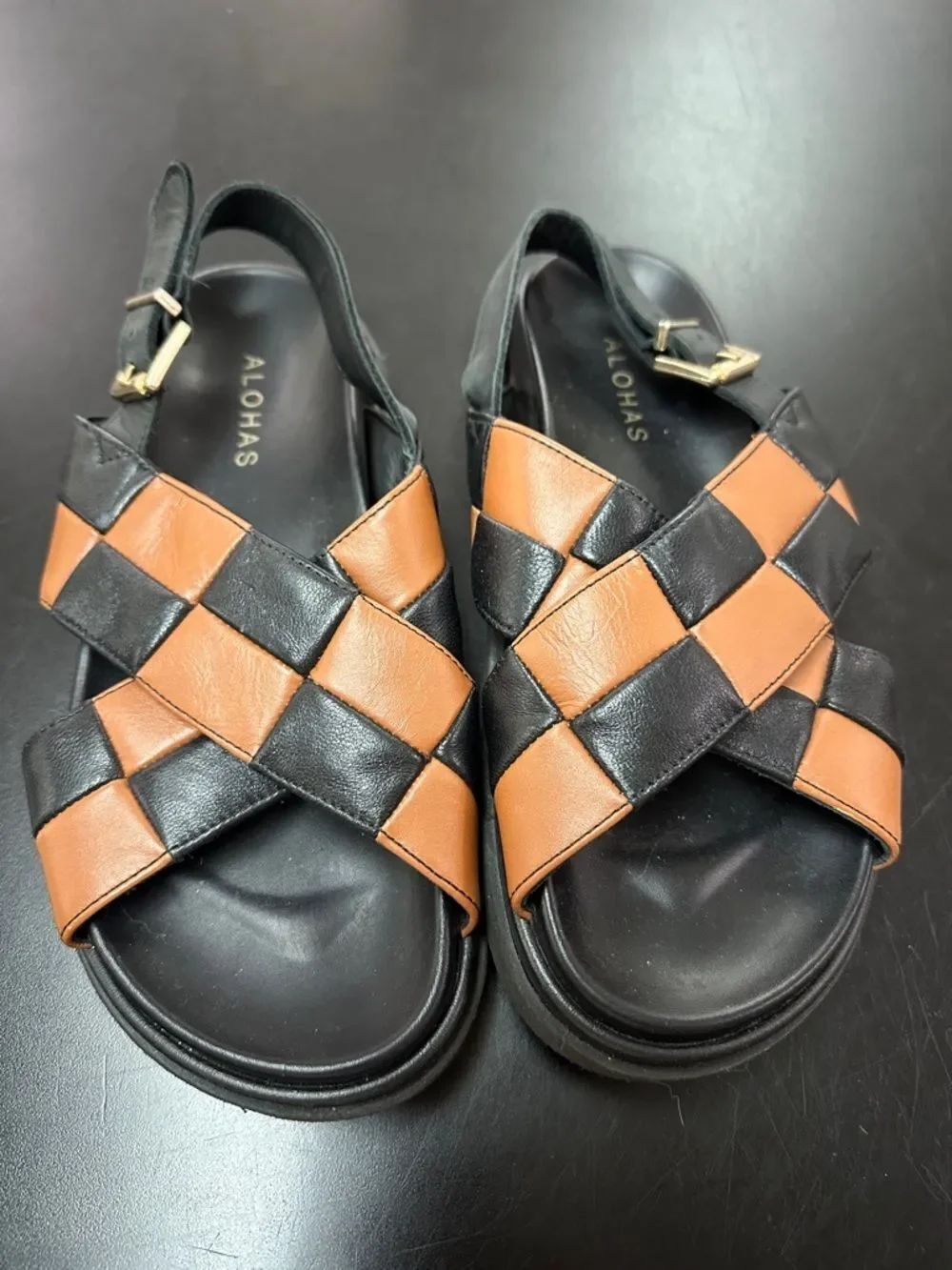 ALOHAS Black and Tan Braided Leather Slingbacks